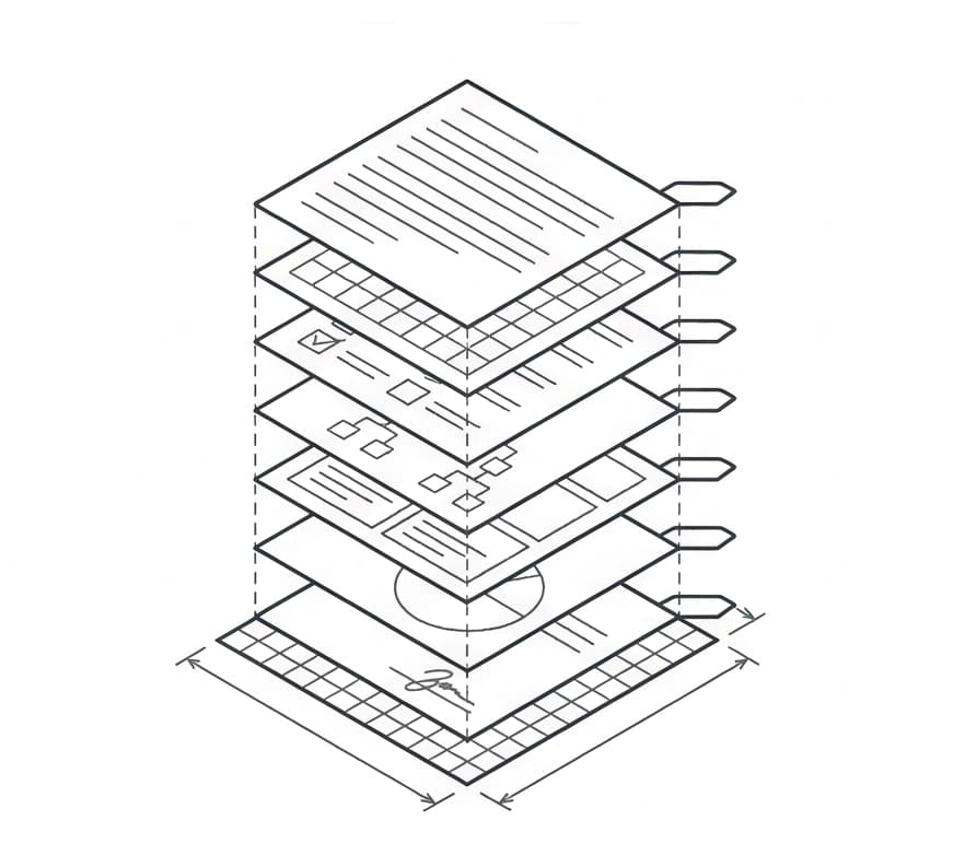 Layered documents assembling into a structured blueprint